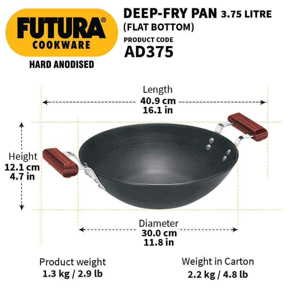 HAWKINS FUTURA 3.75 LITER HARD ANODIZED FLAT BOTTOM DEEP-FRY PAN WITH STEEL LID (30 CM) AD 375S