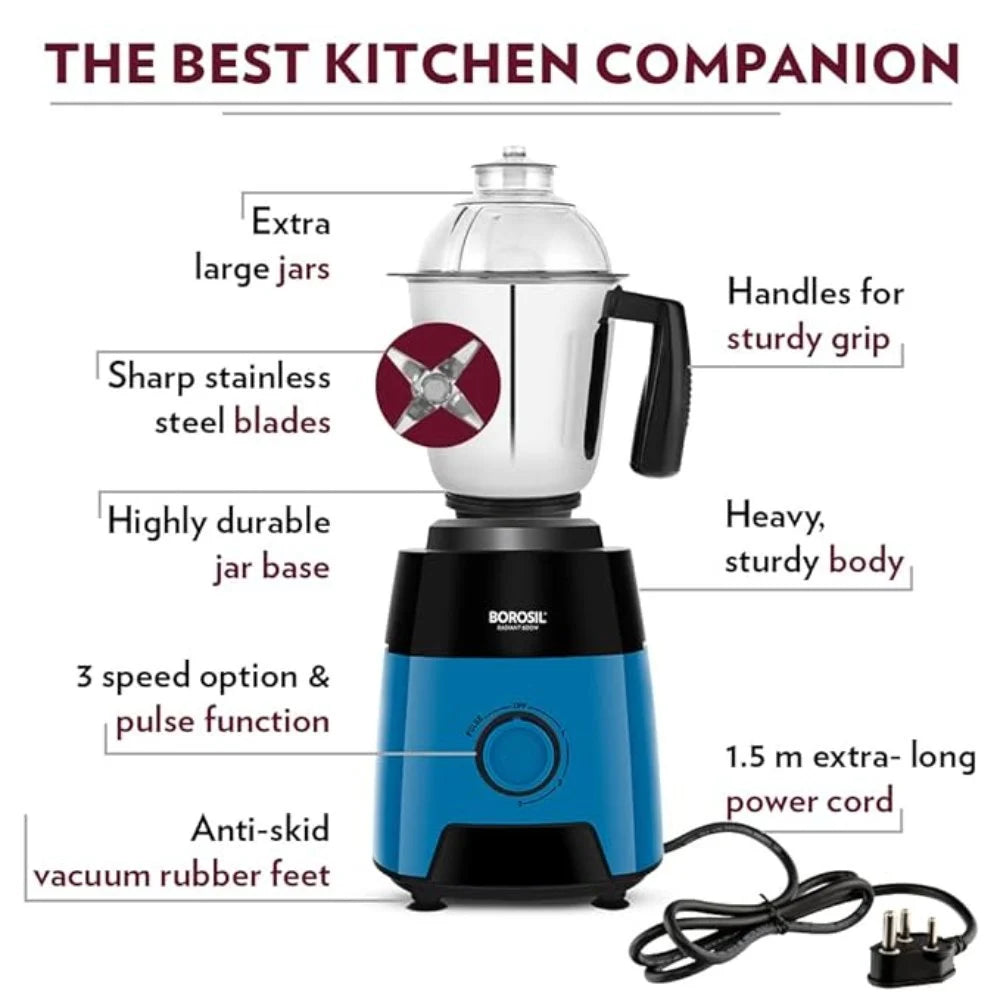 Borosil Radiant Mixer Grinder W17 600 W, 3 Jars
