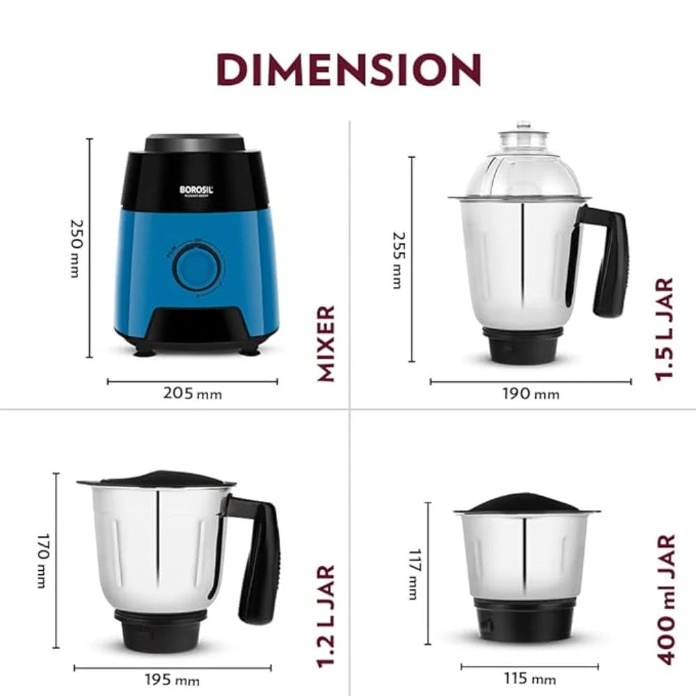 Borosil Radiant Mixer Grinder W17 600 W, 3 Jars
