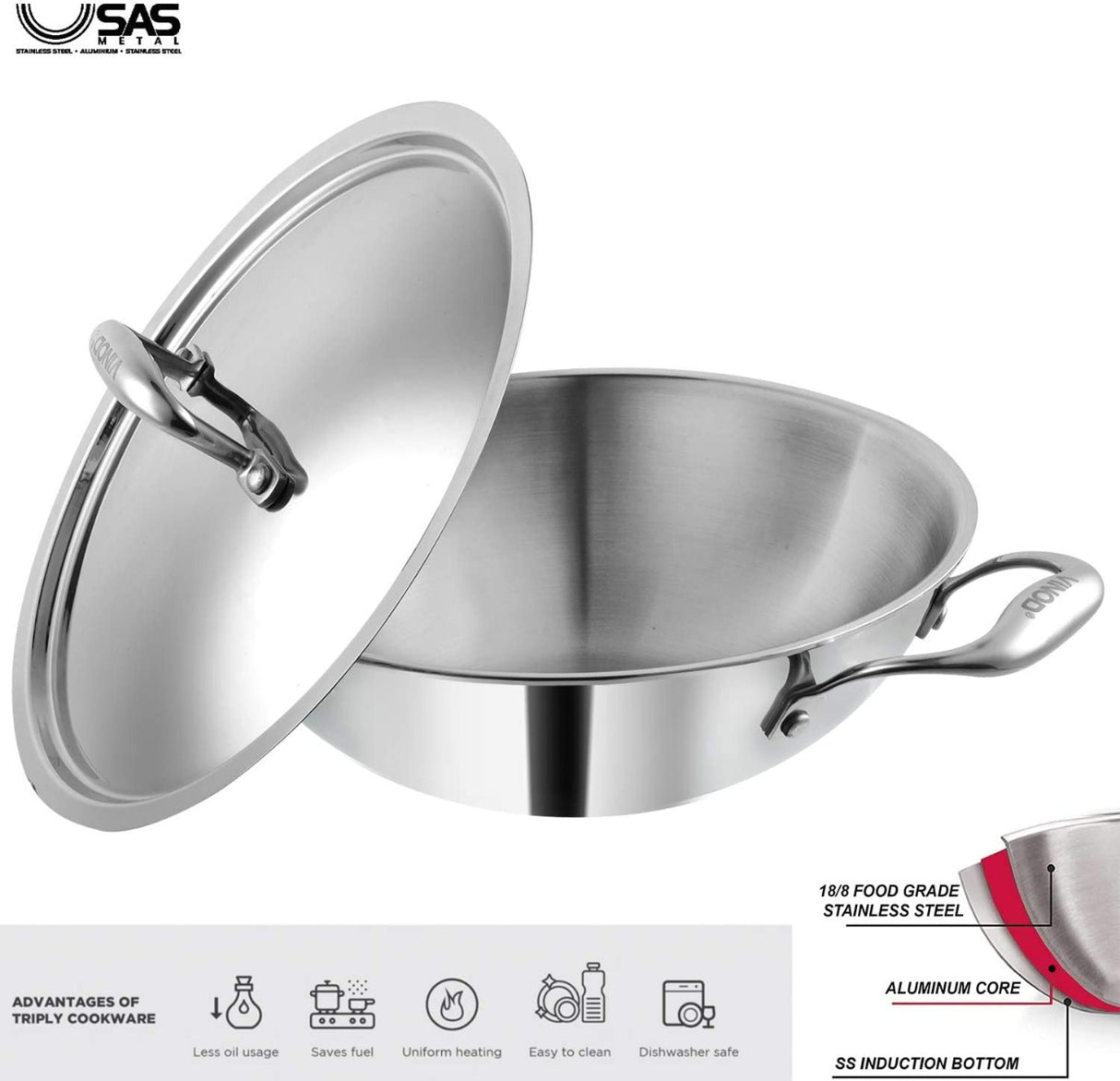 Vinod Triply Platinum Series Induction Friendly Extra Deep Kadai With SS Lid (24, 3.2L) EDPTKD24