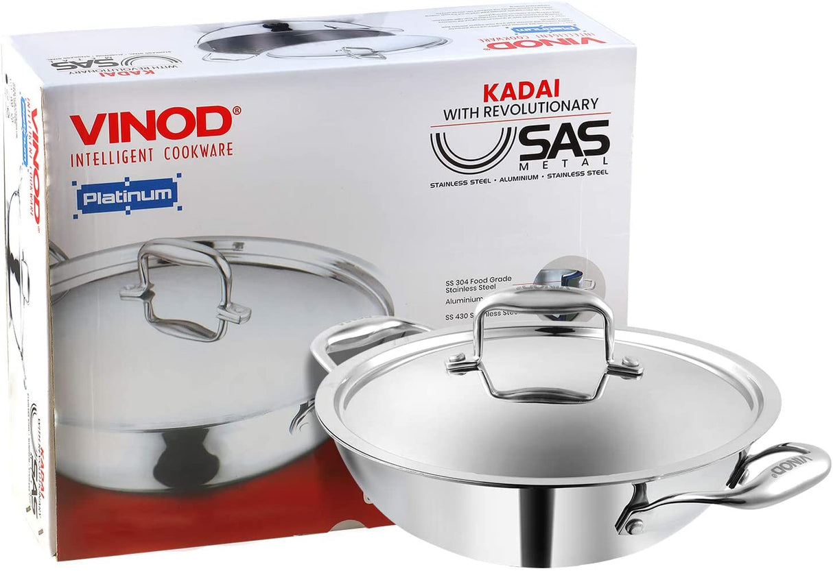 Vinod Triply Platinum Series Induction Friendly Extra Deep Kadai With SS Lid (24, 3.2L) EDPTKD24