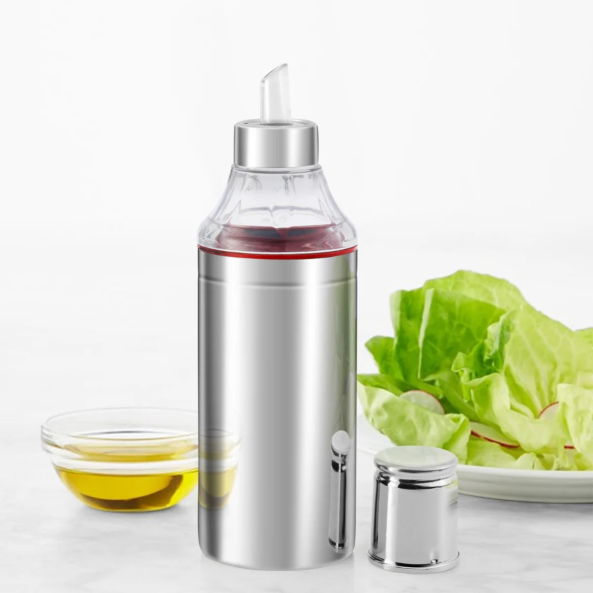 Stainless Steel Oil Dispenser Bottle with Cap and Nozzle - 1 Litre