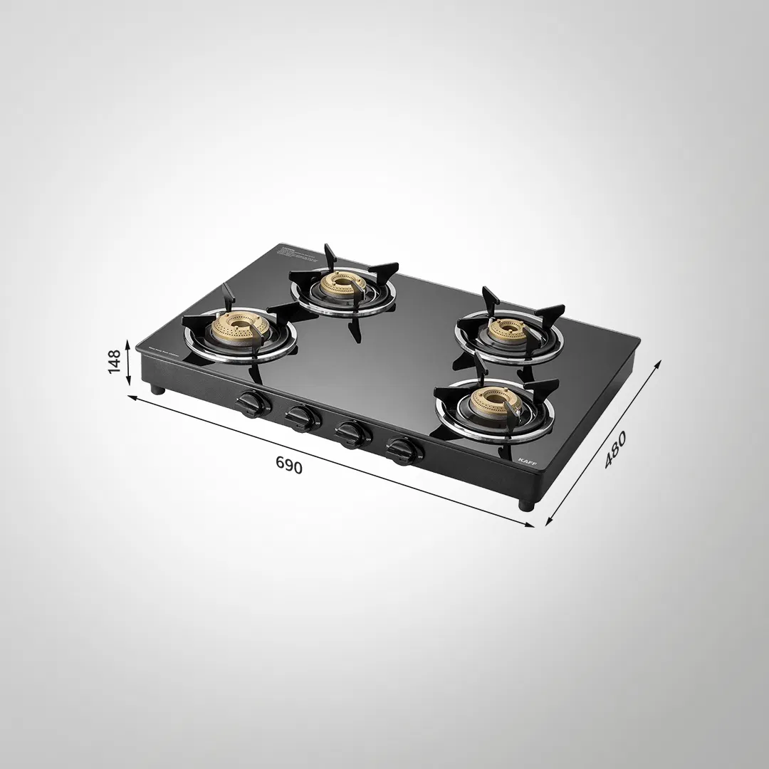 CTC694B – Slim Line 4-Burner Manual Ignition Gas Stove | High-Efficiency Brass Burners | Black Tempered Glass
