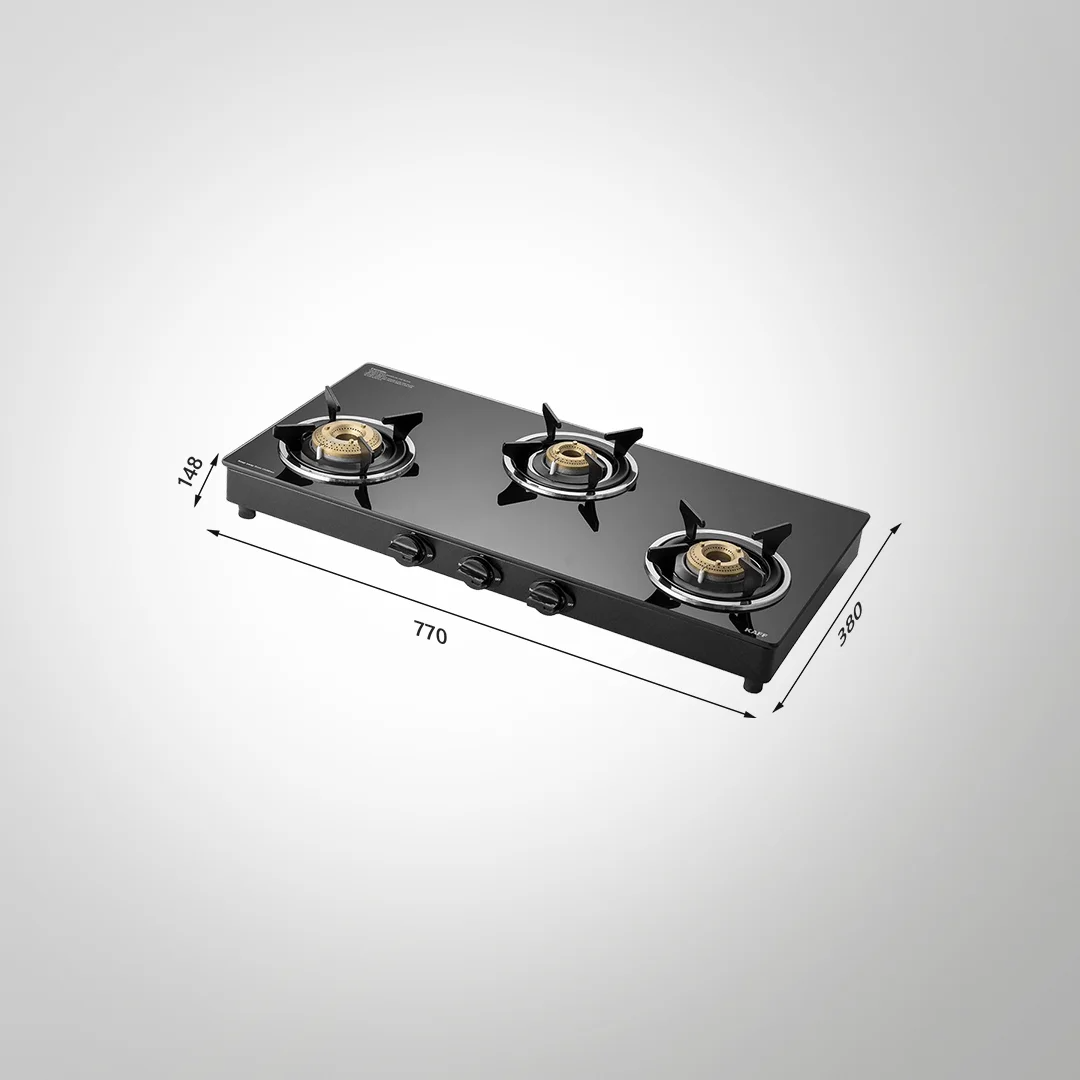 CTC773B – Slim Line 3-Burner Manual Ignition Gas Stove | High-Efficiency Brass Burners | Black Tempered Glass