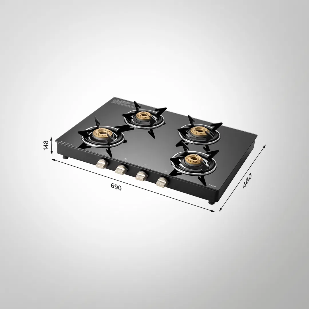 CTE694B – Slim Line 4-Burner Gas Stove | High-Efficiency Brass Burners | Black Tempered Glass | Free Standing