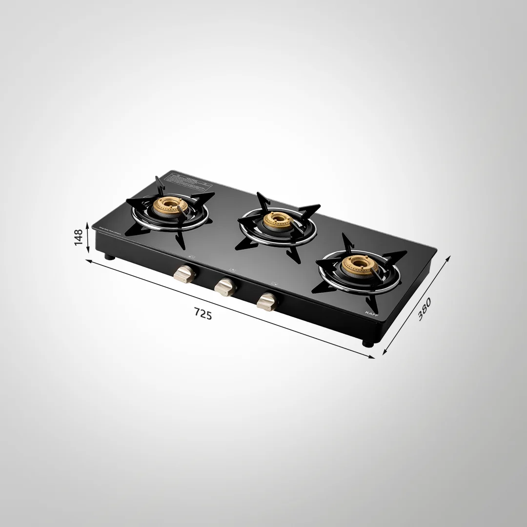 CTE713B – Slim Line 3-Burner Gas Stove | High-Efficiency Brass Burners | Black Tempered Glass | Free Standing