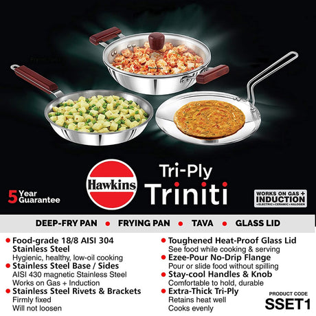 Hawkins 3 pc Triniti Tri-Ply Stainless Steel Cookware Set (SSET1)