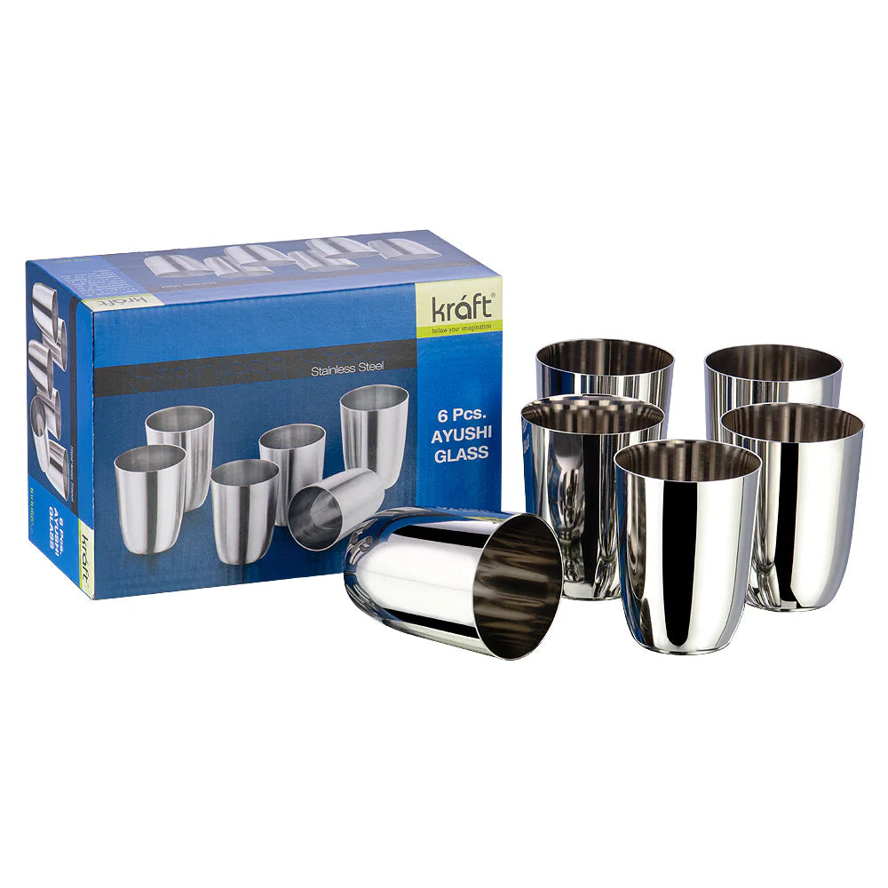 Ayushi Stainless Steel Glass Set of 6-300ml Each