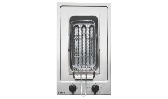 Stainless steel deep fryer on a white background