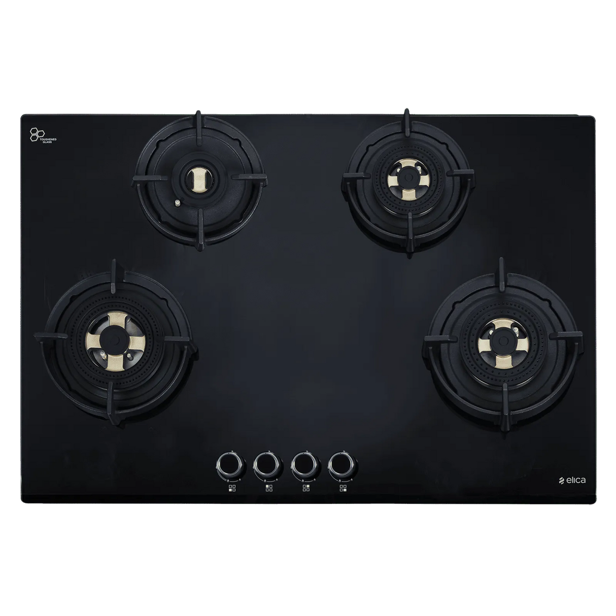 Black gas stove with four burners on a white background