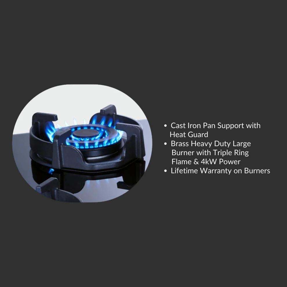 FLEXI HEXA 370 LOTUS IND HD 3 Brass Burners Toughened Glass Auto Ignition Round Metalic knobs