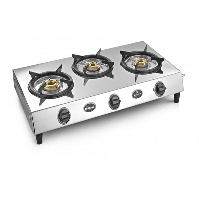 Buy Sunflame Stainless Steel Bonus 3 Burner DX Gas Stove at the lowest price in India at Apnidukaan.com, Save UPTO 50% Off, All India Free Shipping, Click here to see all of our exclusive deals.