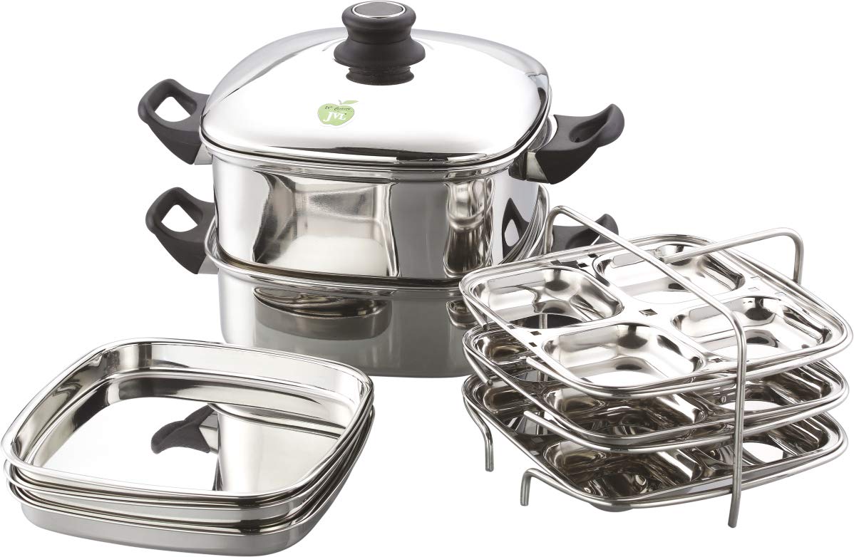 JVL Stainless Steel Square Steamer/Idli Maker - 3 Idly and 3 Dhokla Plates - Small Size