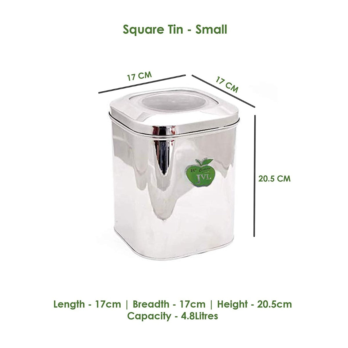 JVL 4.8 Litres  Stainless Steel Kitchen Storage Square Store Tin with See-Through Lid (SQT - 1)