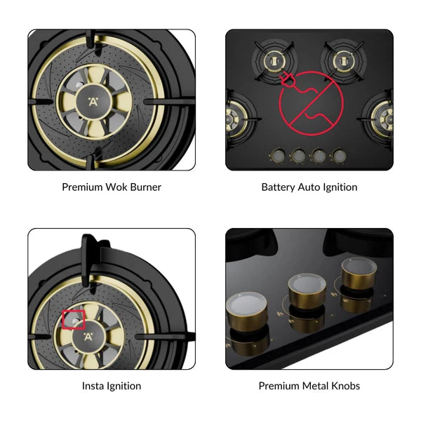 Altius Plus 000 100 cm 4 Burner Hob – Brass Burners, Insta Ignition, Golden Metal Knobs, 538.66.769