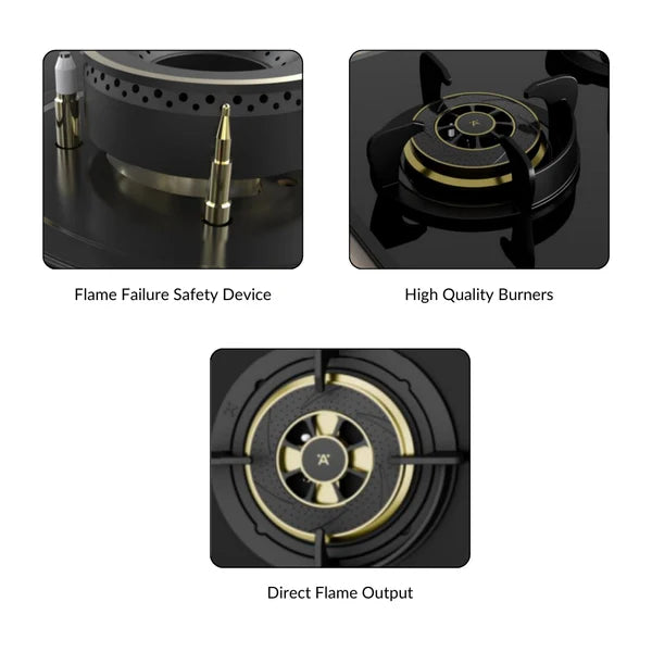 Altius Plus 000 100 cm 4 Burner Hob – Brass Burners, Insta Ignition, Golden Metal Knobs, 538.66.769