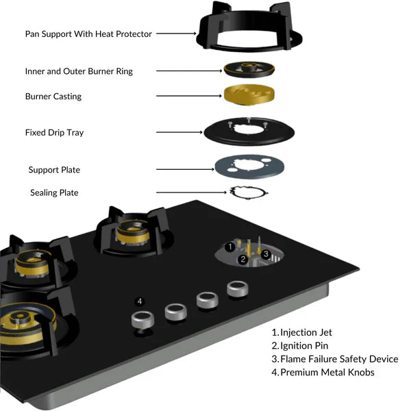 Altius Plus 000 100 cm 4 Burner Hob – Brass Burners, Insta Ignition, Golden Metal Knobs, 538.66.769