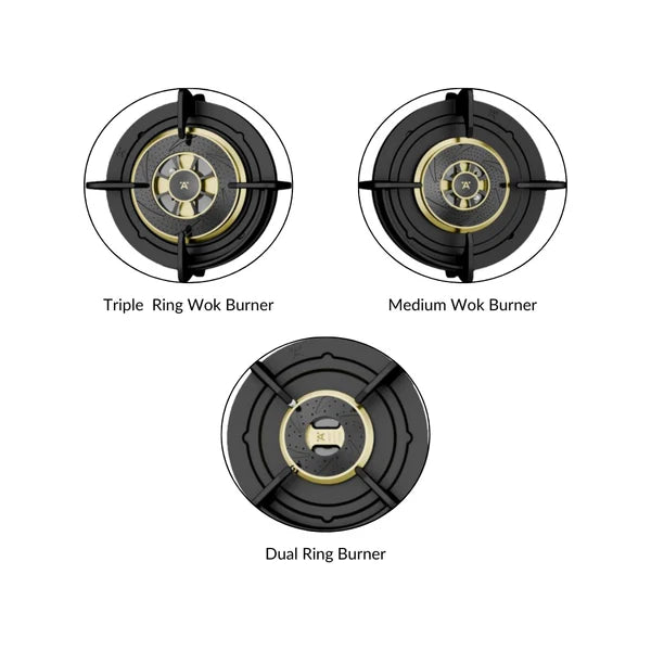 Altius Plus Matt 390 86 cm 3 Burner Hob – Brass Burners, Insta Ignition, Gunmetal Metal Knobs, 538.66.749