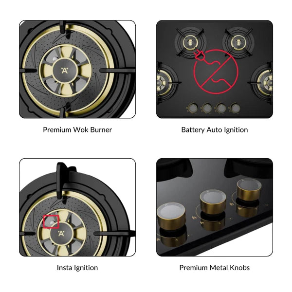 Altius Plus Matt 390 86 cm 3 Burner Hob – Brass Burners, Insta Ignition, Gunmetal Metal Knobs, 538.66.749