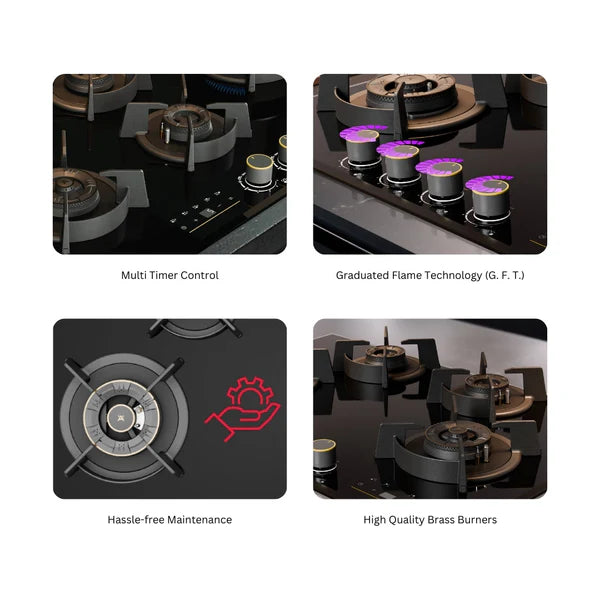 Cronus Digi-Step 590 90 cm 5 Burner Hob – Full Brass Burners, Step Flame Technology, Insta Ignition, 534.01.767