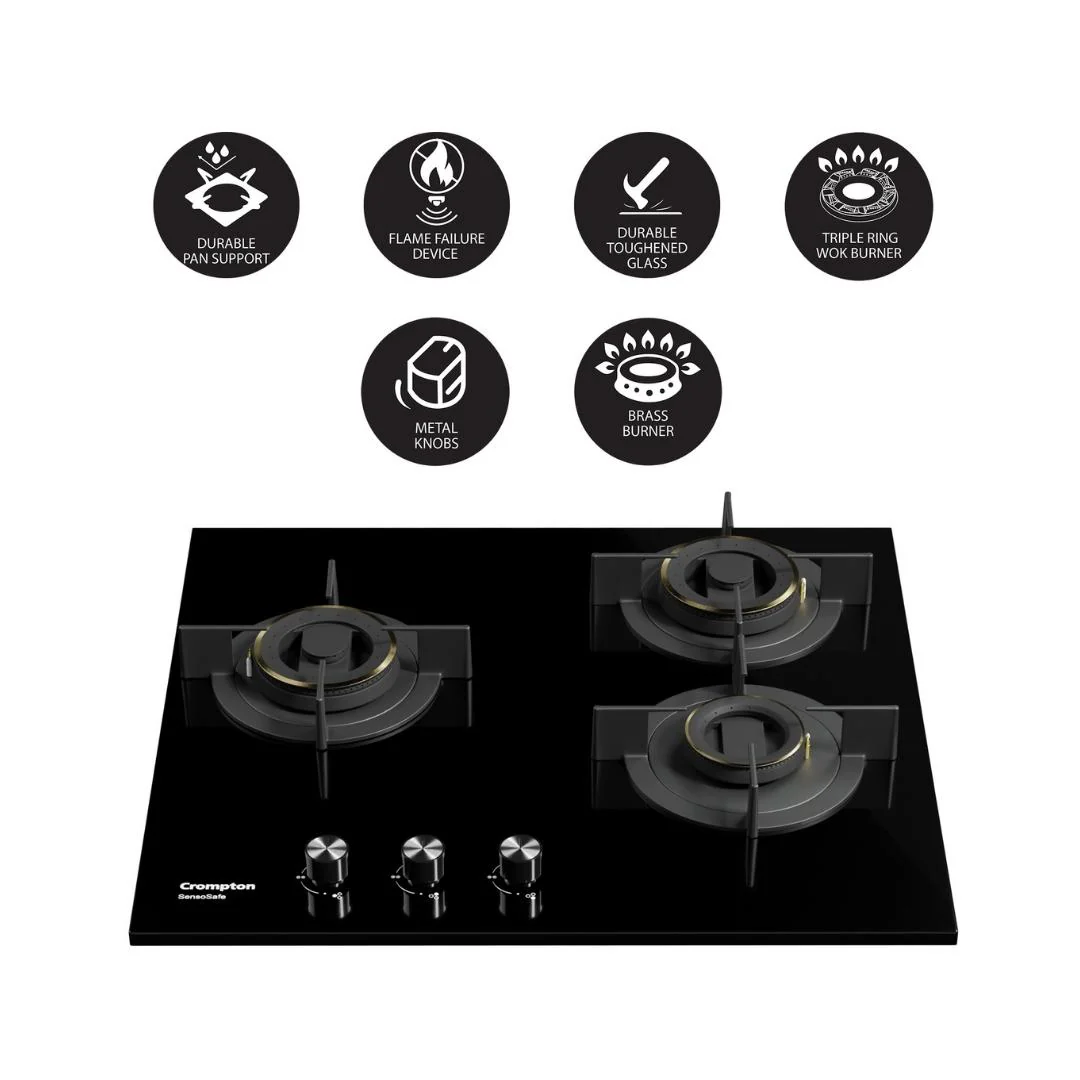 SensoSafe 60cm 3 Burner Built-In Gas Hob with Multi-Ring Brass Burners & FFD