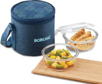 Borosil Indigo Glass Lunchbox, Round x 2 (Tall Bag) Microwave Safe Containers