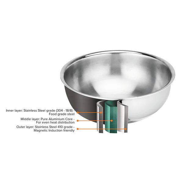 SignoraWare Artista triply Shallow Tasla Stainless Steel Induction Compatible Triply with Steel Lid (Induction and Gas Compatible), 24cm, Capacity 2500ml, Silver