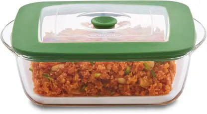 Borosil Square Dish w Green Lid Oven, Micro, Fridge Safe 1L