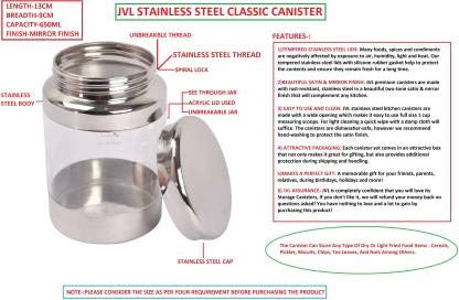 JVL 650 ml Stainless Steel Air Tight Classic Multi Purpose Unbreakable Jar (2 Pcs) (CLC-1)