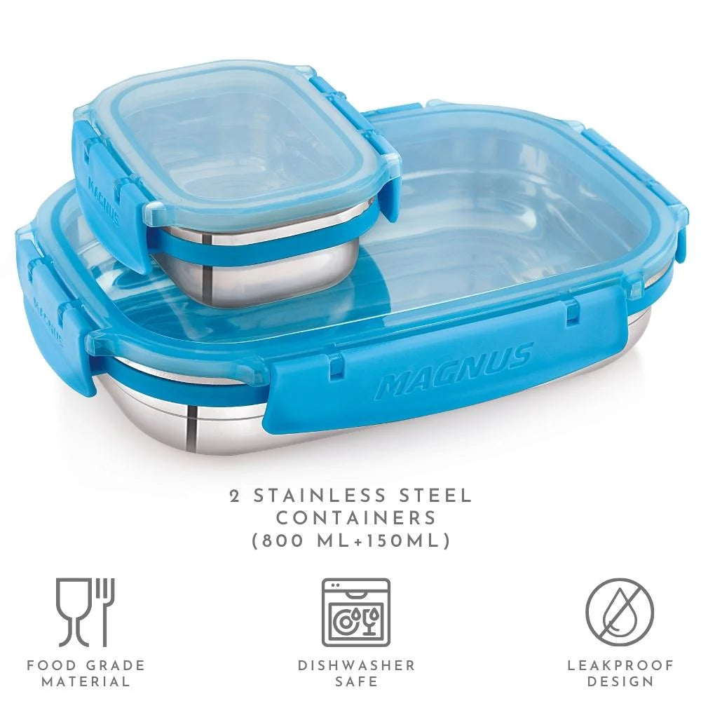 Bolt Classic Clear Lid Stainless Steel Lunch Box for School | 100% Leakproof | BPA Food Safe | Easy To Open | Dishwasher Safe