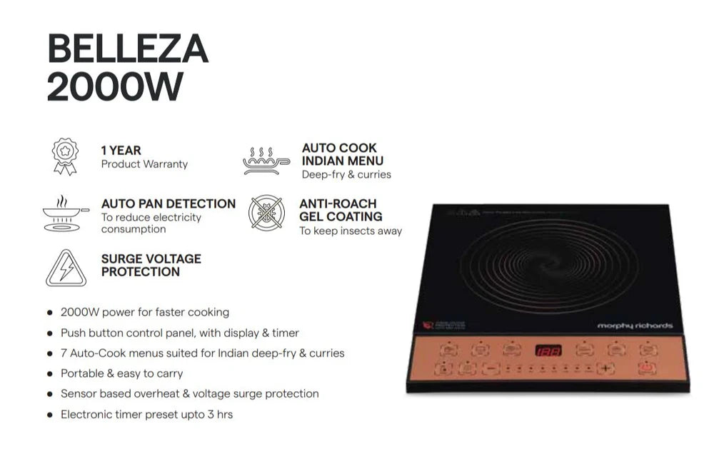 Belleza 2000W Induction Cooktop – Push Button Control, 7 Cooking Modes, Anti-Roach Coating, Toughened Glass