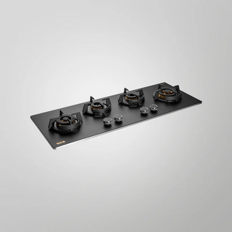 KAFF MSM 104 Full Brass 4 Burner High Efficiency Burners with FFD Thick Premium Frosted Black Glass Built in Hob