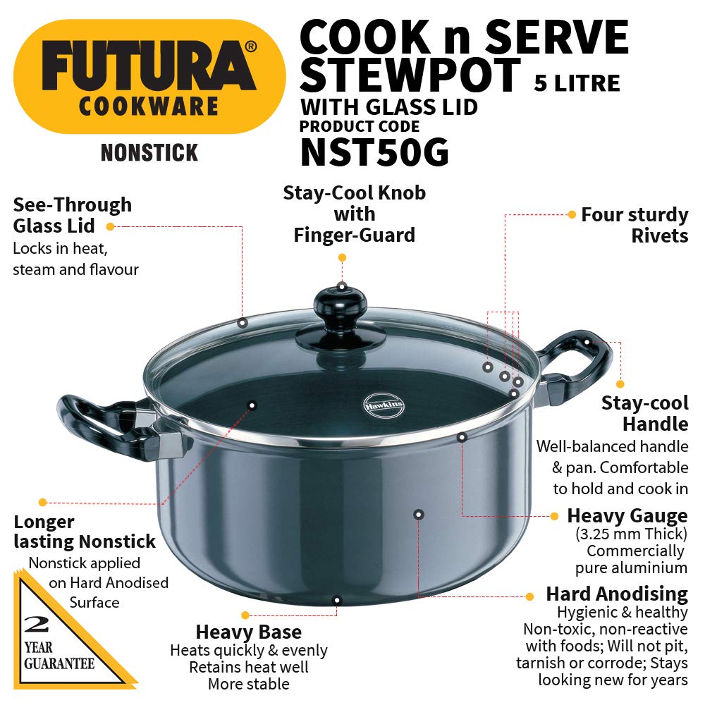 HAWKINS FUTURA NONSTICK STEWPOTS 5 L WITH Glass LID NST50G at lowest price