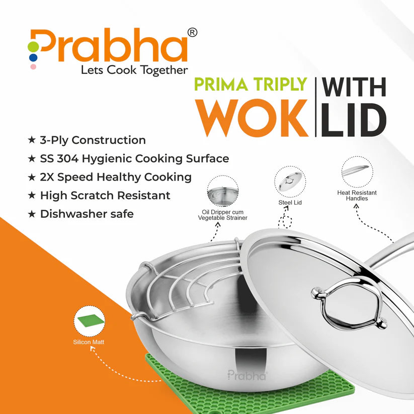 Prima Triply Wok With Lid – 5.5L, 30cm