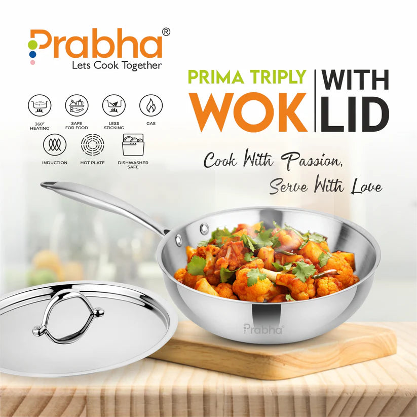 Prima Triply Wok With Lid – 5.5L, 30cm