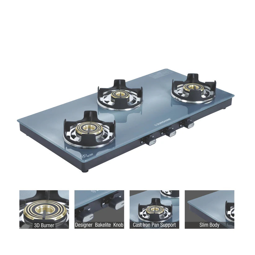 Royal Blue Three Burner Toughened Glass Gas Stove Manual Ignition