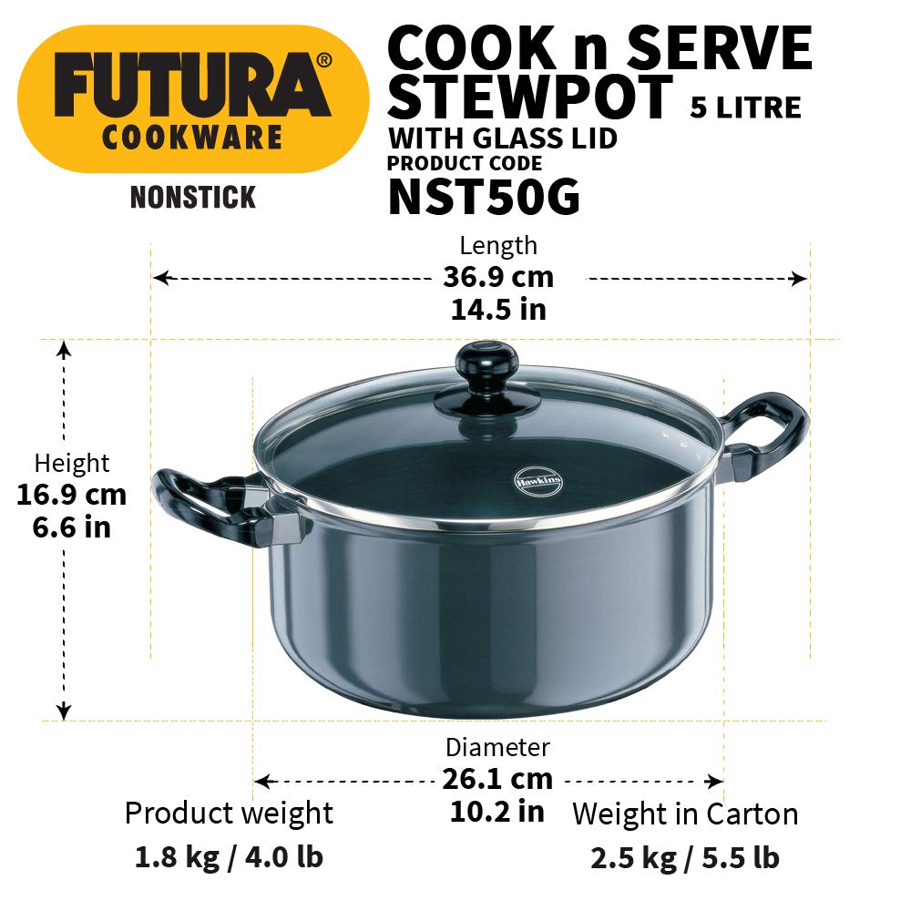 HAWKINS FUTURA NONSTICK STEWPOTS 5 L WITH Glass LID NST50G at lowest price
