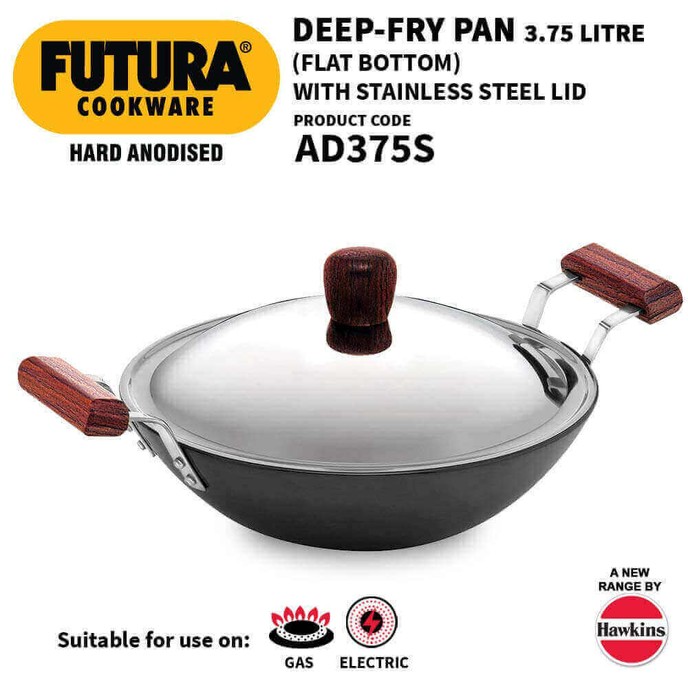 HAWKINS FUTURA 3.75 LITER HARD ANODIZED FLAT BOTTOM DEEP-FRY PAN WITH STEEL LID (30 CM) AD 375S
