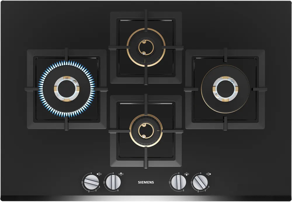 A black Siemens iQ500 gas hob with tempered glass surface, featuring four burners and control knobs.