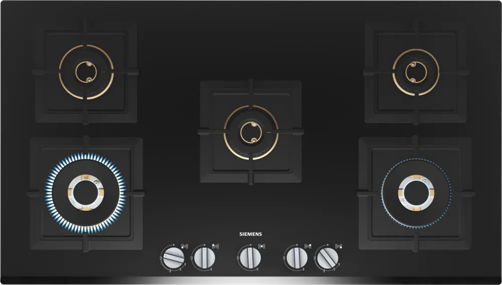 A black Siemens iQ500 gas hob with tempered glass surface and five cooking zones including a central burner with a sword knob.