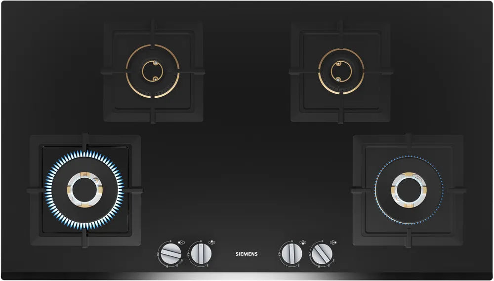A black Siemens iQ500 gas hob with four burners, featuring a tempered glass surface and sword-shaped knobs.
