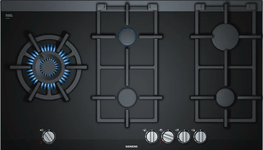 A black Siemens iQ700 gas hob with ceramic surface and sword knobs, featuring stepFlame Technology.