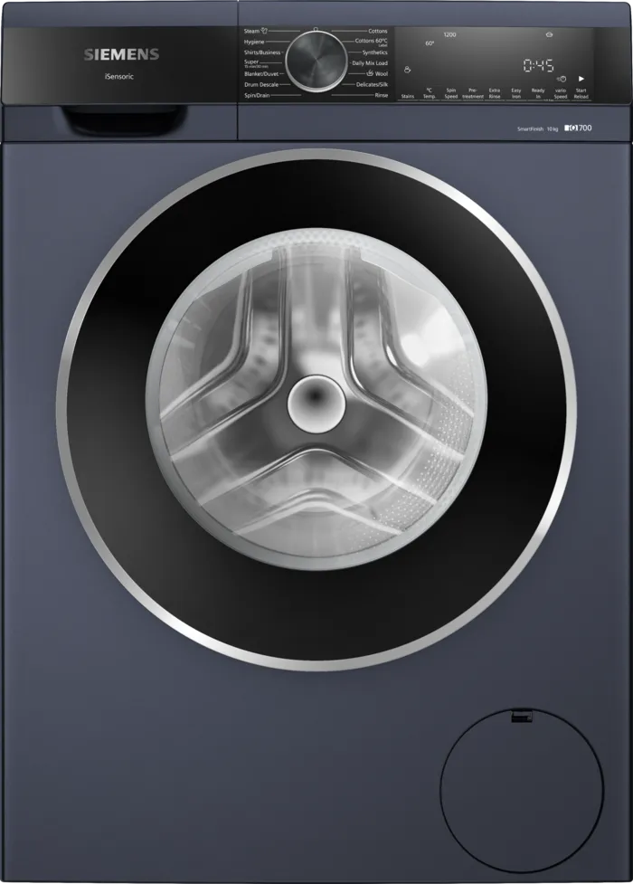 Siemens 10 kg iQ700 WG52A2ZPIN front load washing machine, 1200 rpm – front view.