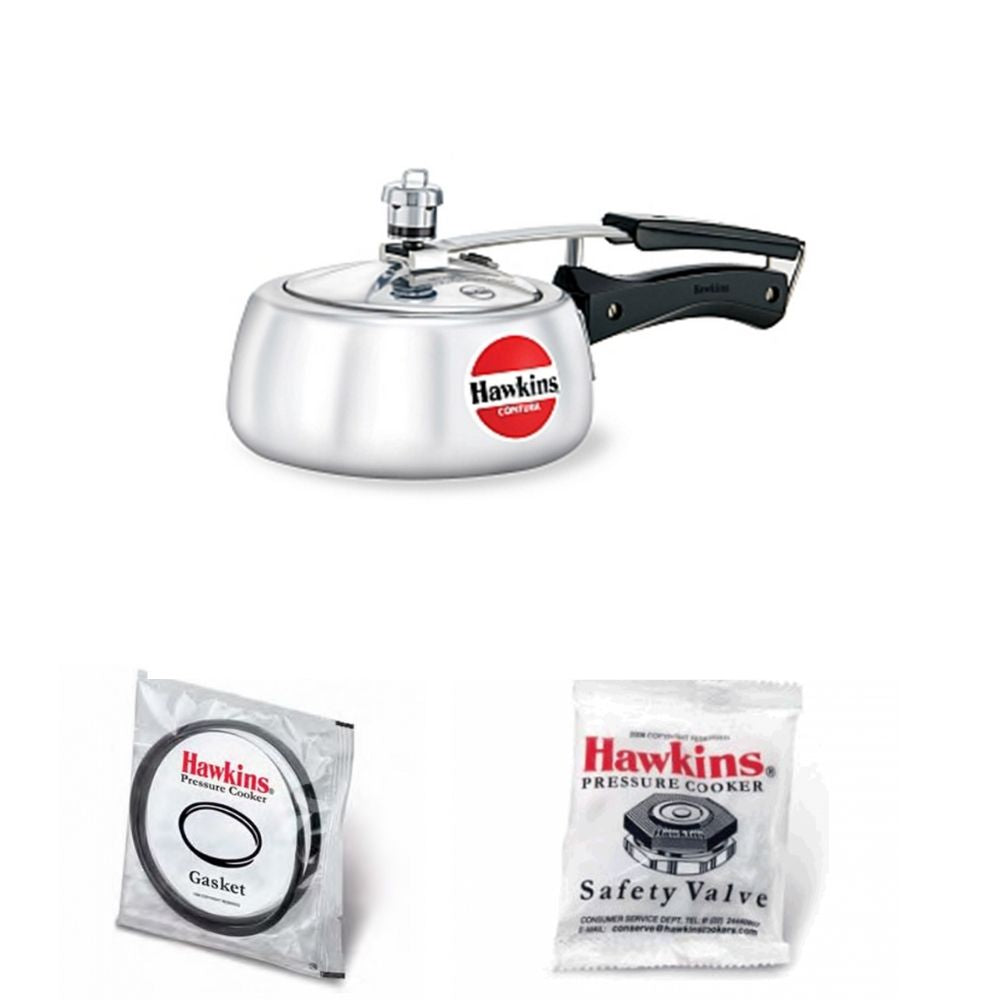 Hawkins Contura Pressure Cooker 1.5 Litre: HC15 with Hawkins Genuine 2 Gasket & 2 Safety Valve