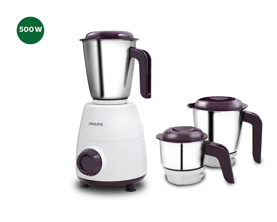 Daily Collection HL7505/00 Mixer Grinder 500W with Rust-Free Jars & Spill-Proof Lids - Compact Design for Tough Ingredients