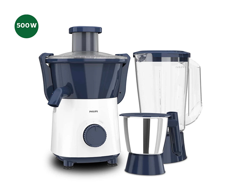Daily Collection HL7567/00 Juicer Mixer Grinder 500W with 2 Jars & Ergonomic Switch Knob - Compact Design for Juicing, Grinding, and Blending