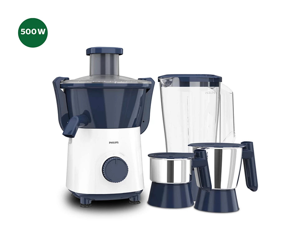 Daily Collection HL7568/00 Juicer Mixer Grinder 500W with 3 Jars & Ergonomic Switch Knob - Multi-Utility for Juicing, Grinding, and Blending
