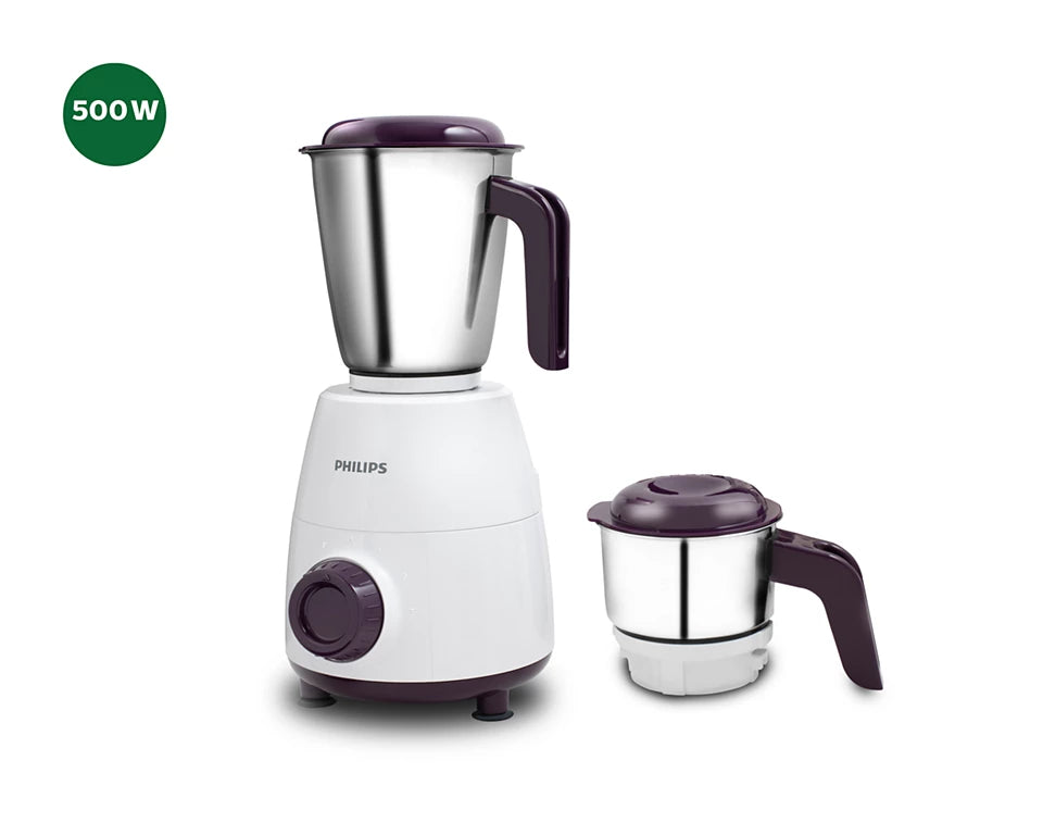 Daily Collection HL7506/00 Mixer Grinder 500W with 2 Stainless Steel Jars & Leakproof Lids - Compact Design for Tough Ingredients