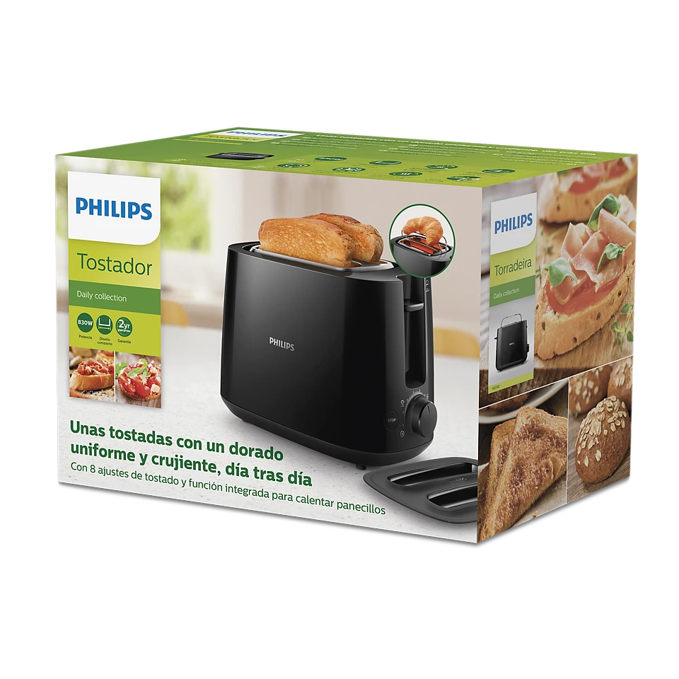 HD2582/90 Daily Collection Toaster | 8 Browning Settings | 2 Large Slots | Bun Warming Rack | Reheat & Defrost | Compact Design with Dust Cover
