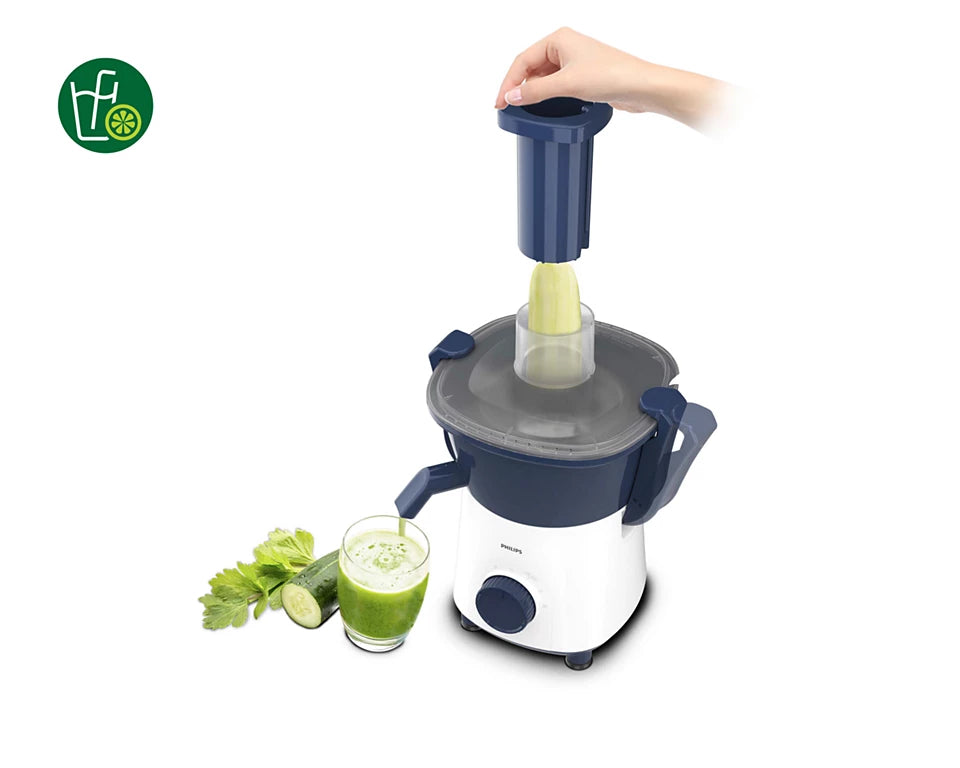 Daily Collection HL7566/00 Juicer 500W, Full Round Feeding Chute, Unique Cutter Sieve, 24-Hour Continuous Juicing, Deep Azure